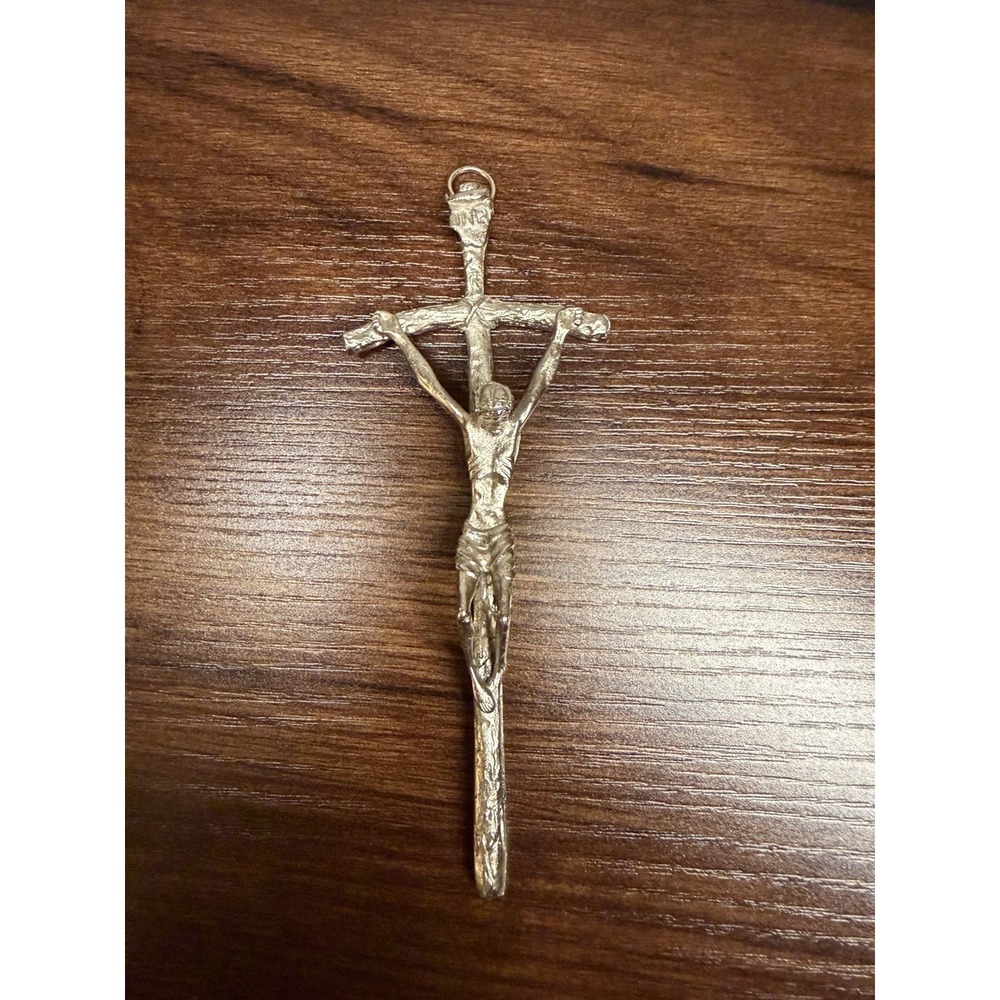 Christian Crucifix Cross Pendant w/ Jesus Figure, Silver-Tone Metal Italy